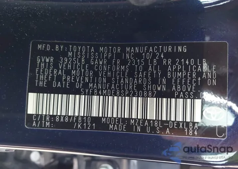 2025 Toyota Corolla Le z USA, uszkodzony, nr VIN 5YFB4MDE8SP230887